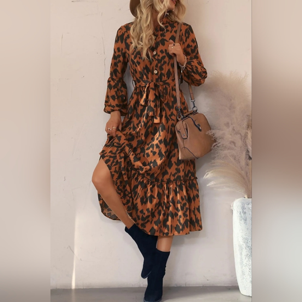 NWT - Boutique - Bubble Sleeve Animal Print Buttoned Midi Shirt Dress - Size XL